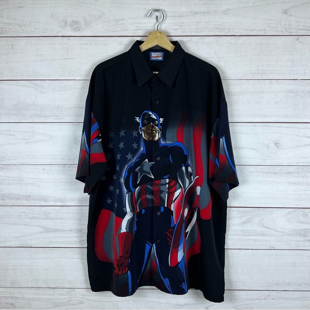 Vintage Y2K Captain America Marvel Comics Button Short Sleeve Shirt 2XL